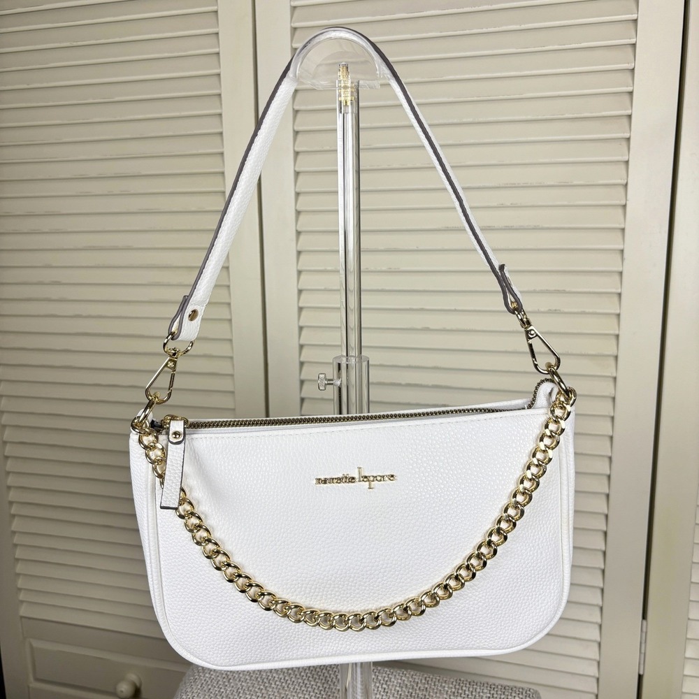 Nanette Lepore Modern Chic White Shoulder Bag Gold Chain Purse with Daisy Lining